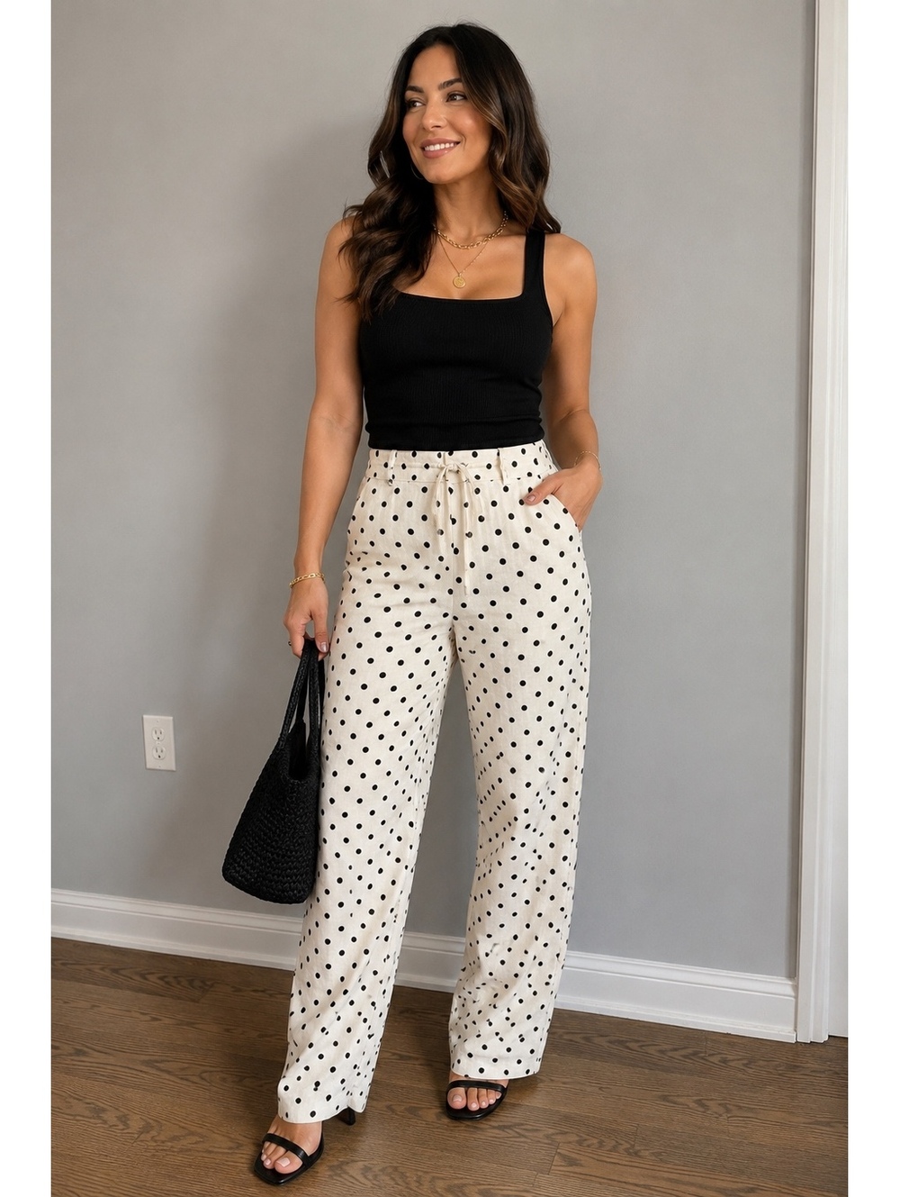 WAYF Polka Dot Wide Leg Pants with Drawstring Waist